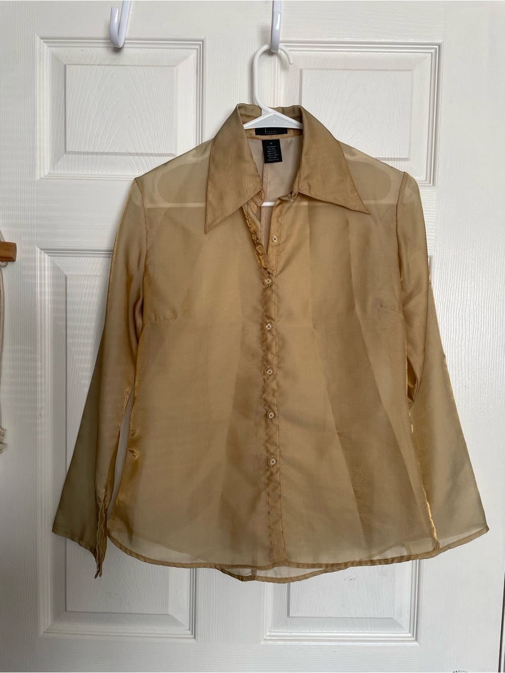 Frenchi Womens size Medium Sheer Golden Tan Button-Up Blouse
